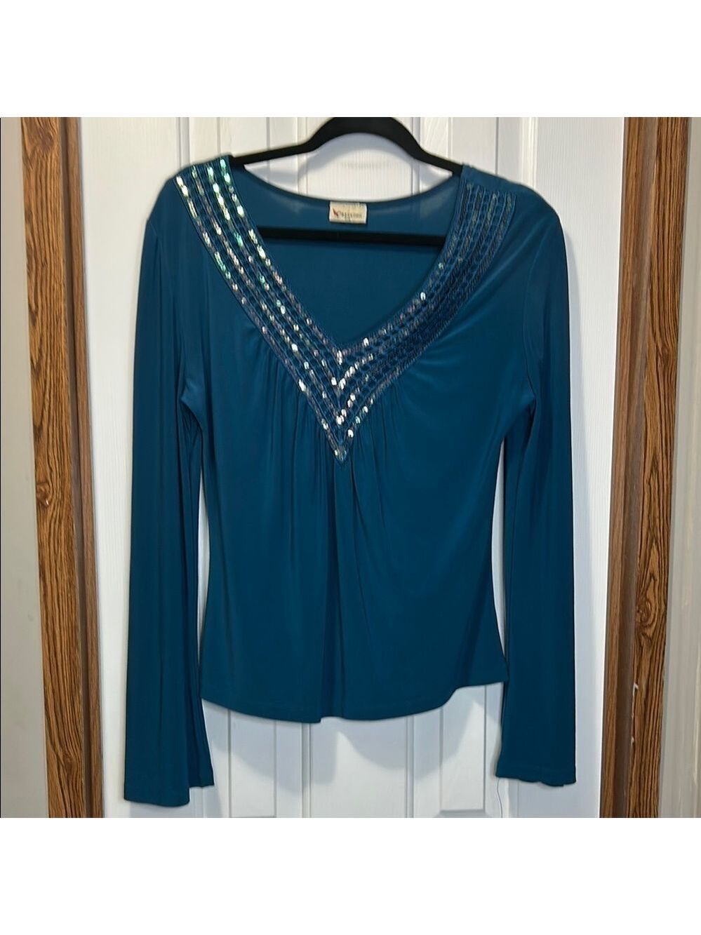Blue Sequin Embellished V-Neck Long Sleeve Blouse